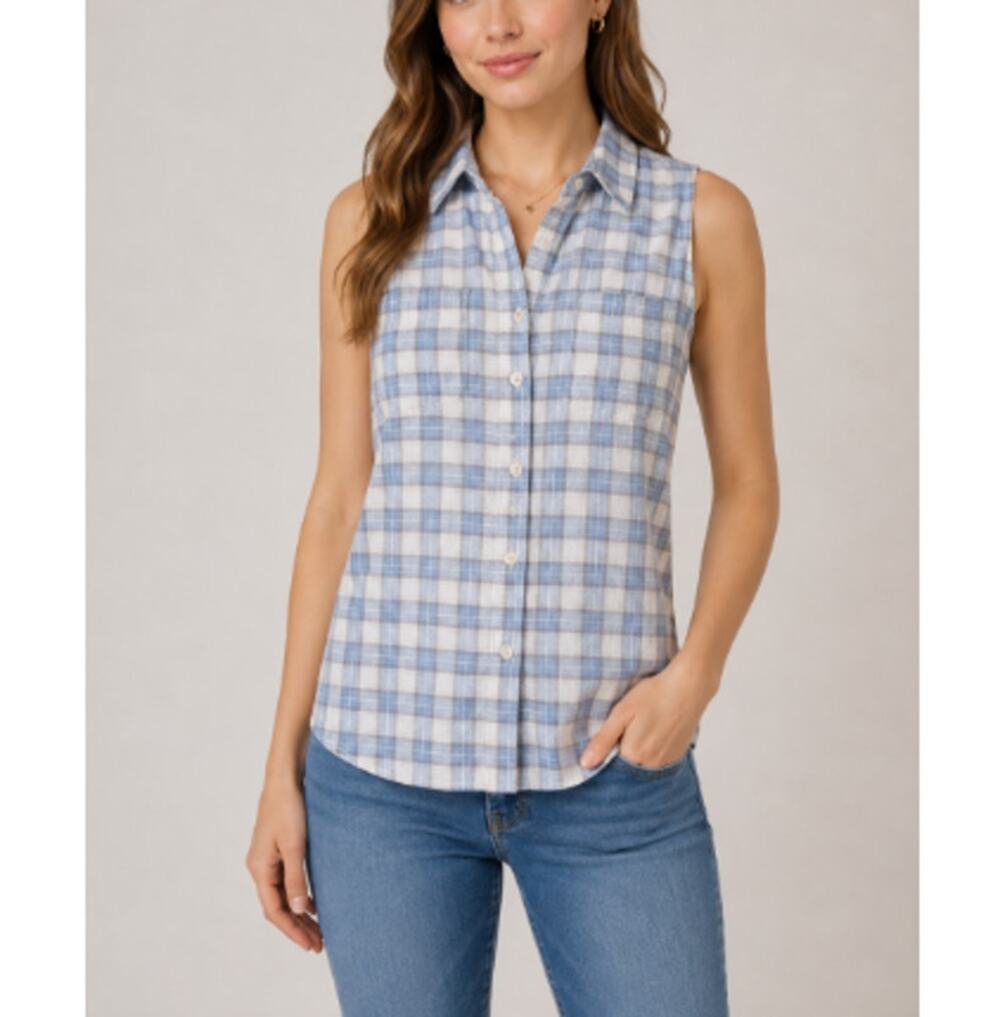 PAIGE Women's Blue Gray Cornflower Plaid Sleeveless Button Down Shirt Size XS